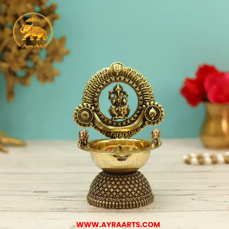 Premium Brass Blessing Ganesha Deepam With Shank ChakraNamah Carving - 5 Inch Height