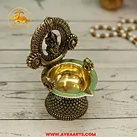 Premium Brass Blessing Ganesha Deepam With Shank ChakraNamah Carving - 5 Inch Height