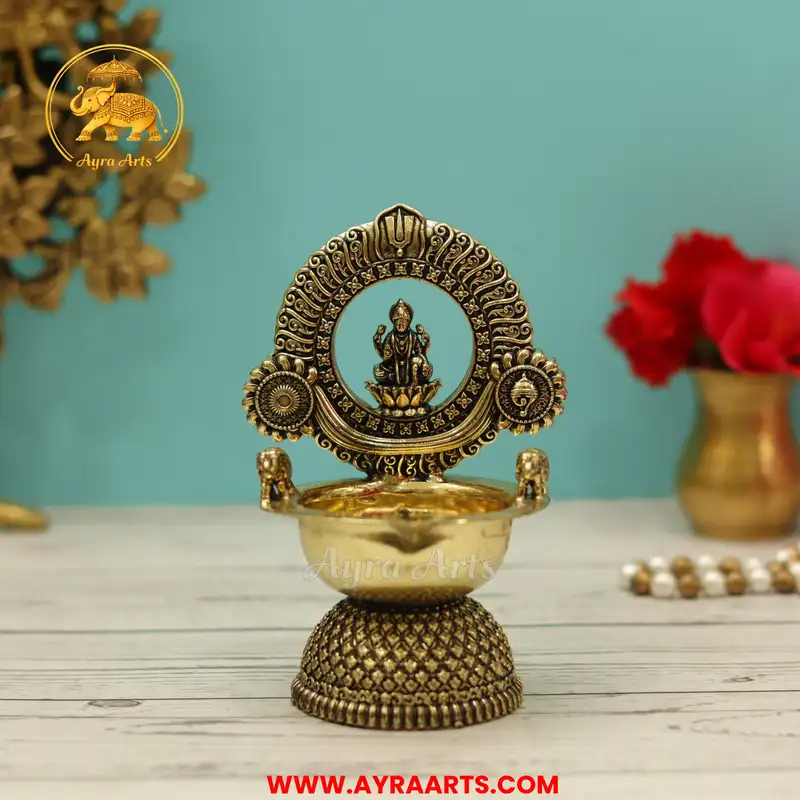 Premium Brass Blessing Lakshmi Deepam With Shank ChakraNamah Carving - 5 Inch Height