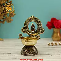 Premium Brass Lakshmi Deepam Shank Chakra Namah Carving Mahalakshmi Diya Pooja Lamp - 5 Inch Height