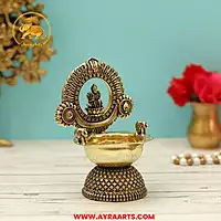 Premium Brass Lakshmi Deepam Shank Chakra Namah Carving Mahalakshmi Diya Pooja Lamp - 5 Inch Height