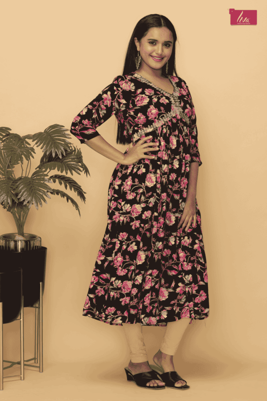 Mix n match Floral printed aliacut kurtha(Teal Green)(pack of all sizes)