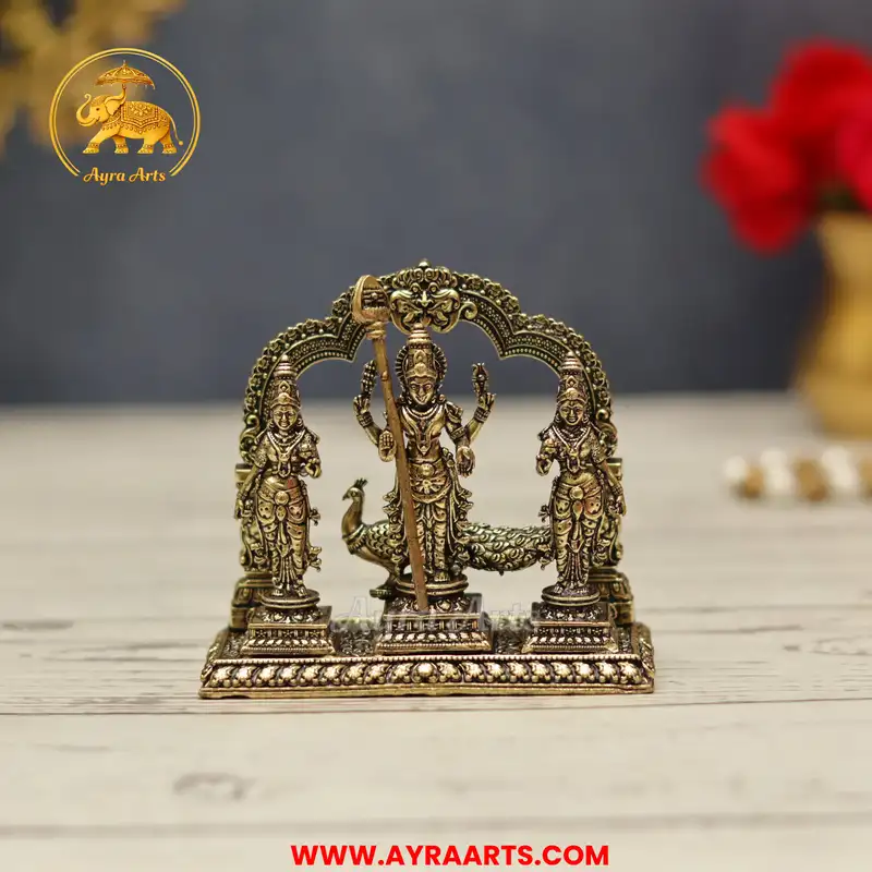 Premium Brass Kumara Swami Murugan Valli Devasena Subramanya With Prabhavali Arch - 3 Inch Height