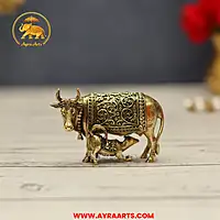 Premium Brass Cow Calf Gau Mata Kamadhenu Vatsalya Murti Pooja Home Decor - 2 Inch Height