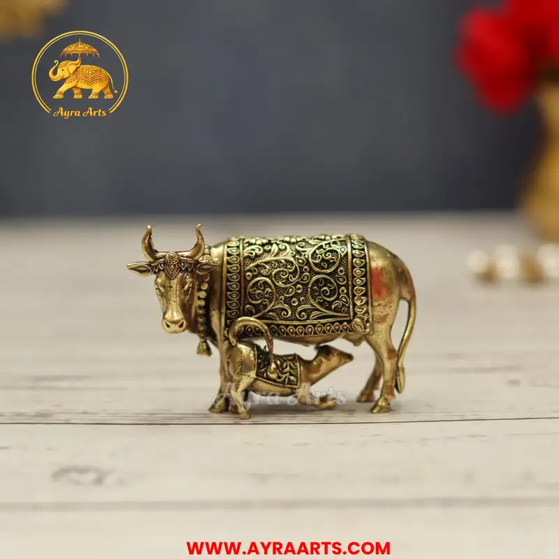 Premium Brass Cow Calf Gau Mata Kamadhenu Vatsalya Murti Pooja Home Decor - 2 Inch Height