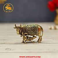 Premium Brass Cow Calf Gau Mata Kamadhenu Gai Vatsalya Murti Pooja Decor - 1.5 Inch Height