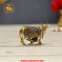 Premium Brass Cow Calf Gau Mata Kamadhenu Gai Vatsalya Murti Pooja Decor - 1.5 Inch Height