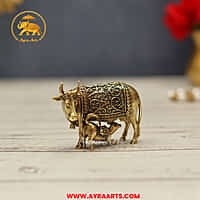 Premium Brass Cow Calf Gau Mata Kamadhenu Gai Vatsalya Murti Pooja Decor - 1.5 Inch Height