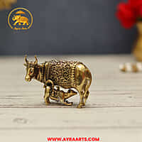 Premium Brass Cow Calf Gau Mata Kamadhenu Gai Vatsalya Murti Pooja Decor - 1.5 Inch Height