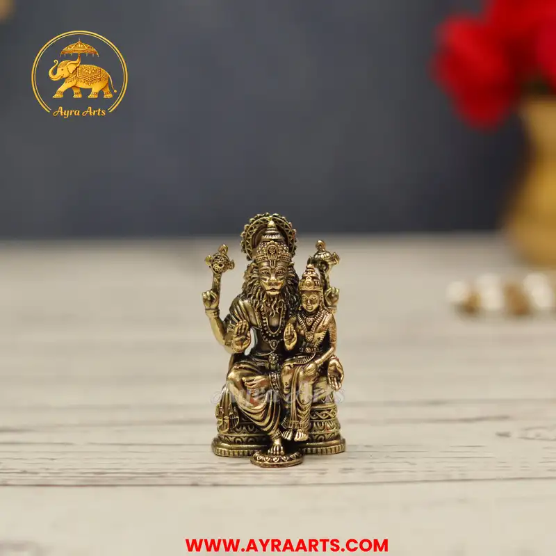 Premium Brass Lakshmi Narasimha Lakshmi Devi Narasimha Swamy Murti Blessing Idol - 2.1 Inch Height