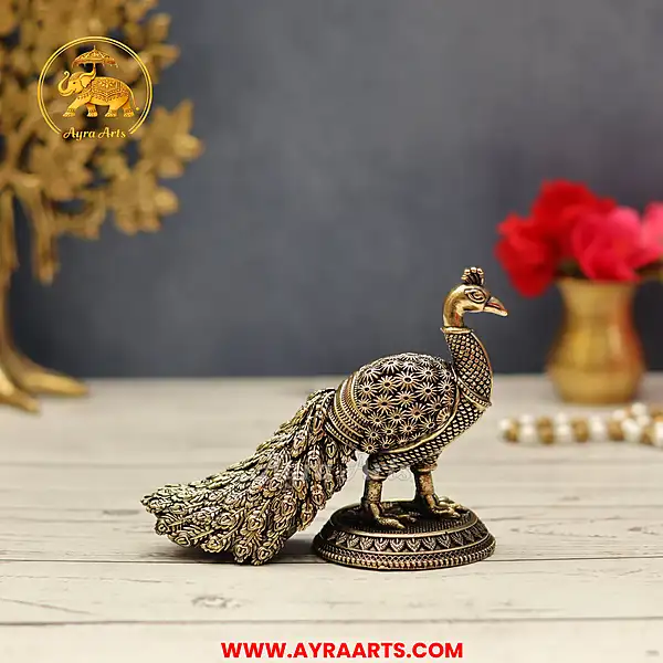 Premium Brass Peacock Mor Mayur Decor Showpiece for Home Temple and Gifting Purpose - 4 Inch Height