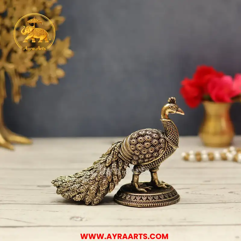 Premium Brass Peacock Mor Mayur Decor Showpiece for Home Temple and Gifting Purpose - 4 Inch Height