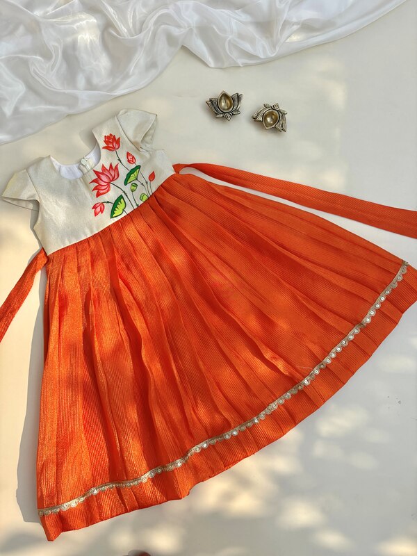 Tangerine Pichwai Hand-painted Silk frock