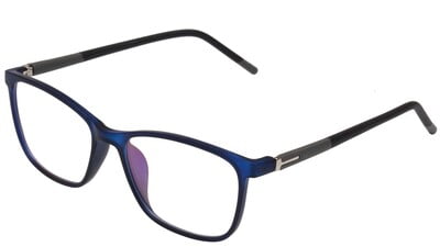 Unisex Rectangular Medium Spectacle Frame. Dark Blue Color Rim. Grey & Black Color Temple.