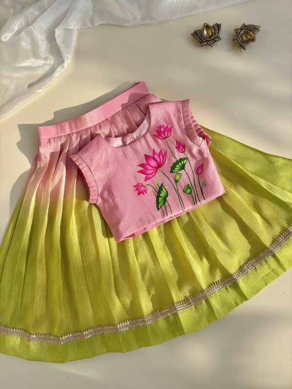 Pink Ombre Lotus Pichwai Hand-painted Skirt Set
