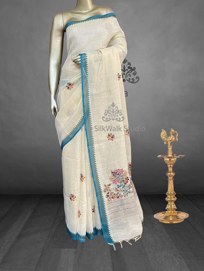 Saanvi White Base – The Linen French Knot Saree SWS23