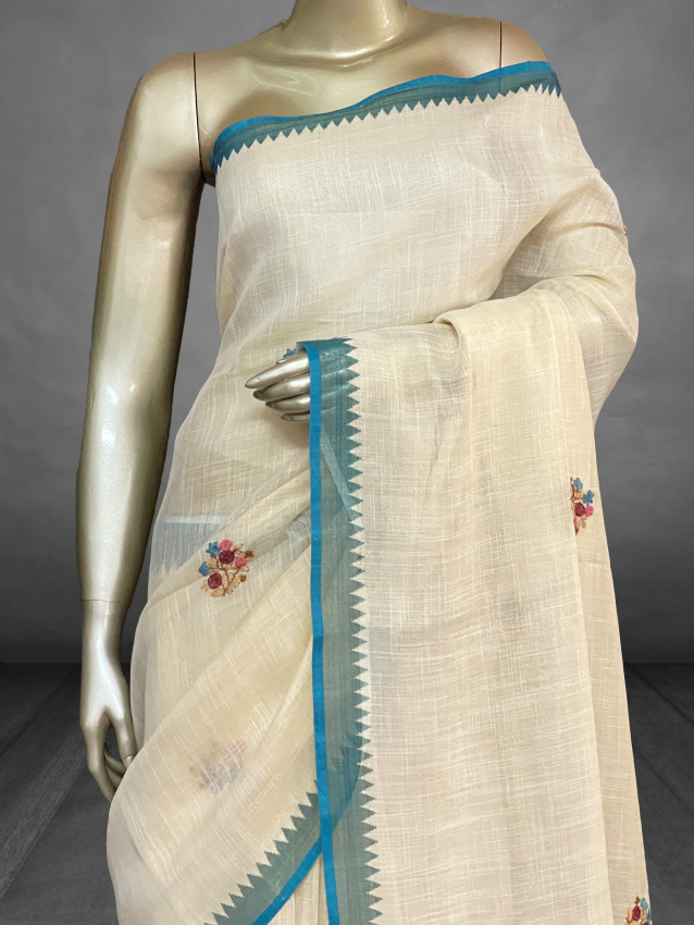 Saanvi White Base – The Linen French Knot Saree SWS23