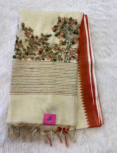 Saanvi White Base – The Linen French Knot Saree SWS23