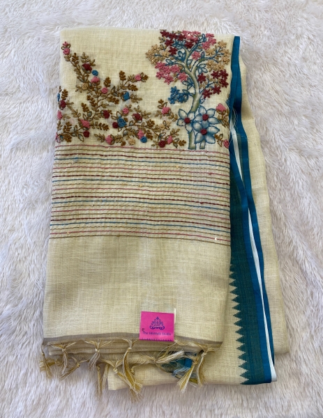 Saanvi White Base – The Linen French Knot Saree SWS23