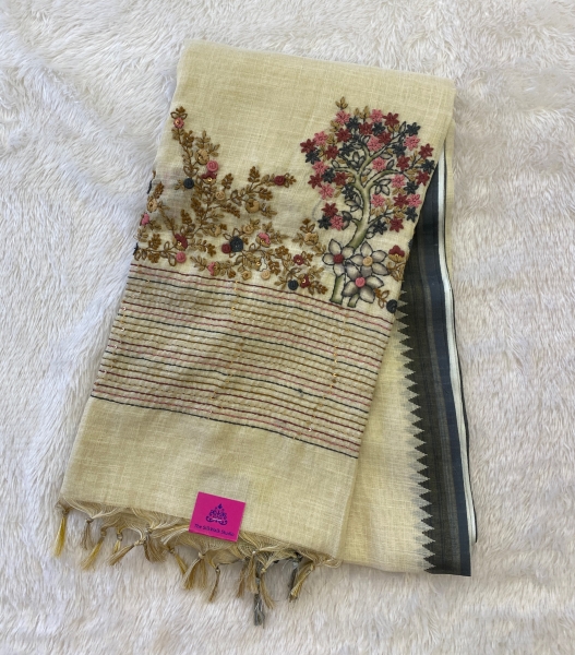 Saanvi White Base – The Linen French Knot Saree SWS23