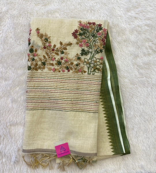 Saanvi White Base – The Linen French Knot Saree SWS23