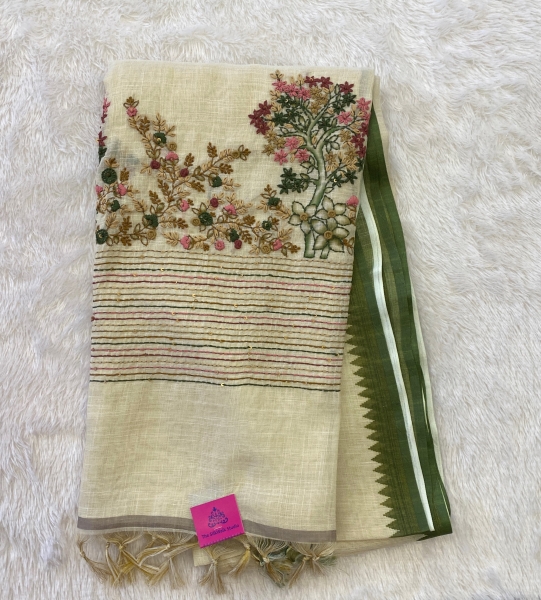 Saanvi White Base – The Linen French Knot Saree SWS23