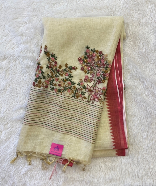 Saanvi White Base – The Linen French Knot Saree SWS23