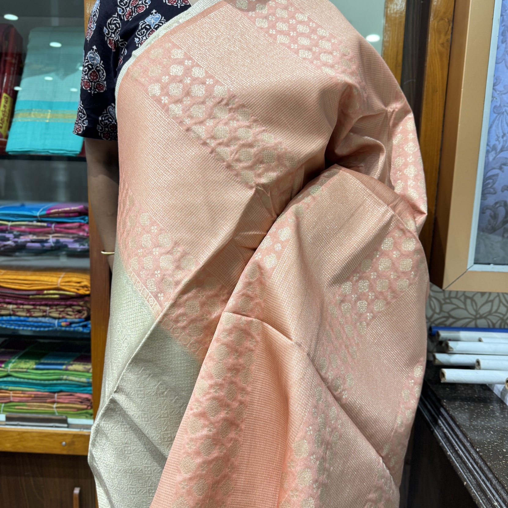Vintage Peach Tussar Saree