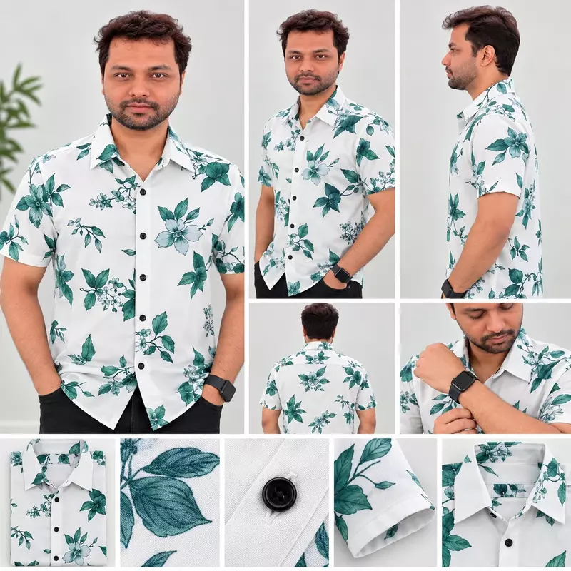 White Green Floral Print Half Sleeve Shirt 7317