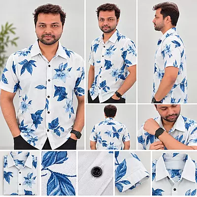 White Blue Floral Print Half Sleeve Shirt 8425