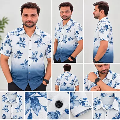 White Blue Floral Ombre Half Sleeve Shirt 8424