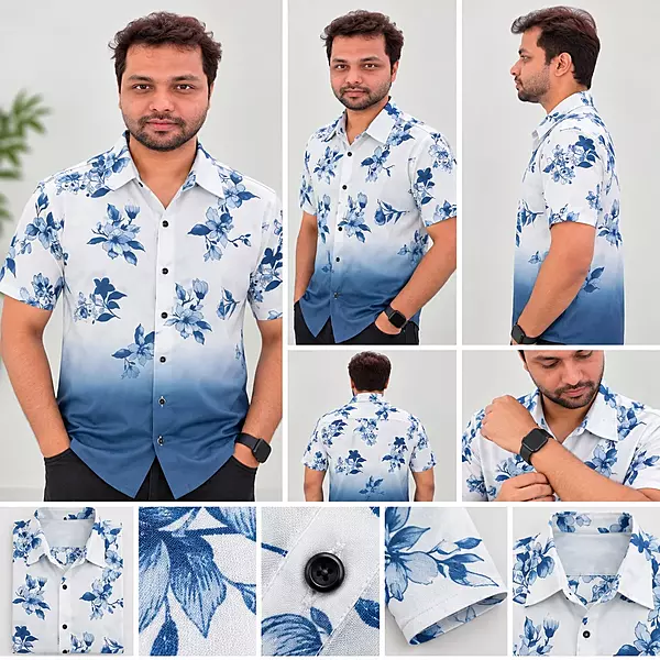White Blue Floral Ombre Half Sleeve Shirt 8424