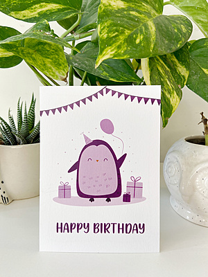 Cute Penguin Birthday Card | Illustrated Happy Birthday Greeting Card