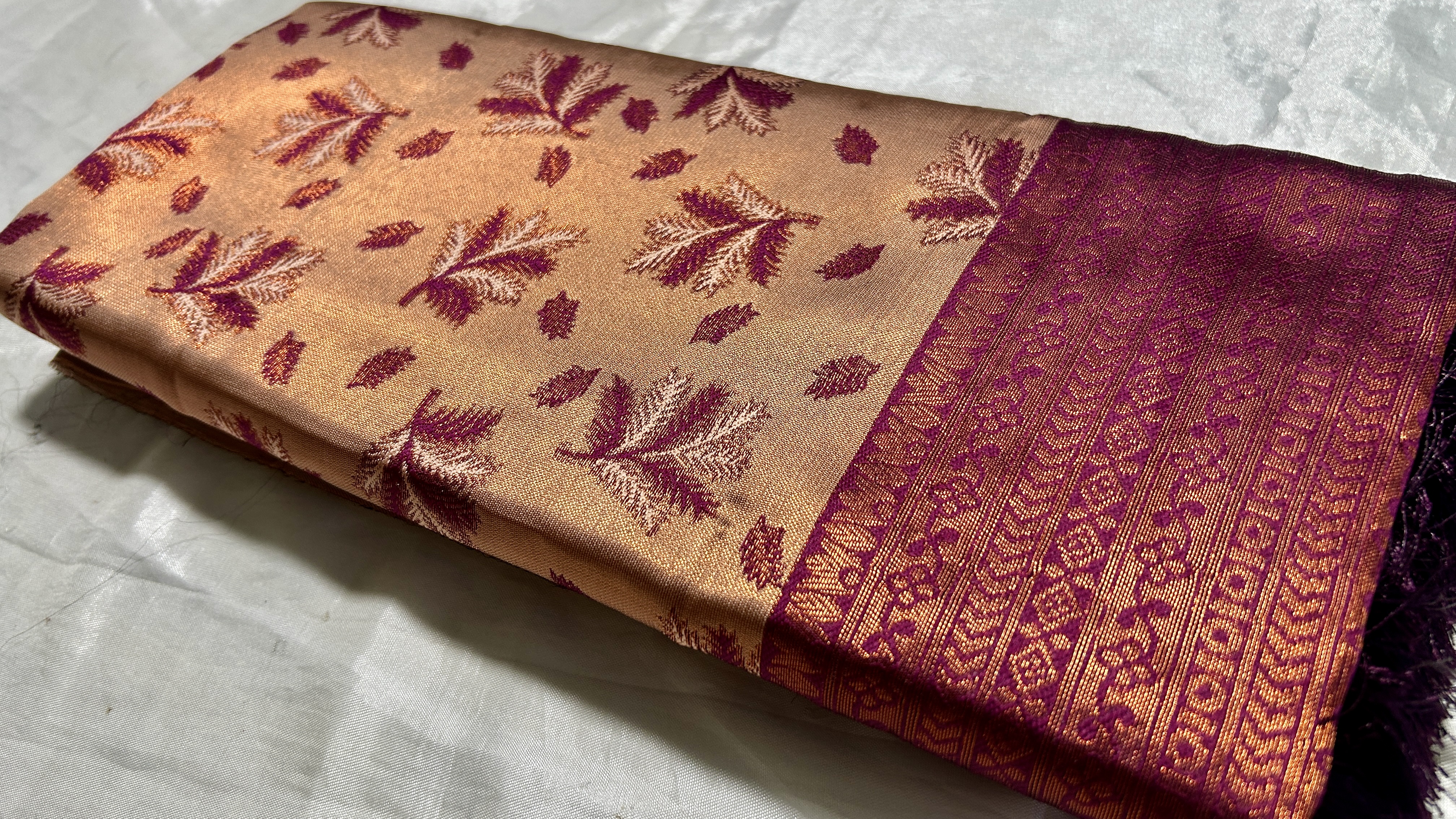 Copper King Fancy Leaf Silk Saree - Coffee & Dark Plum