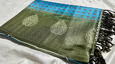 Pasmina Raw Digital Silk Saree - Sky Blue & Moss Pasmina Raw Digital Silk Saree - Sky Blue & Moss
