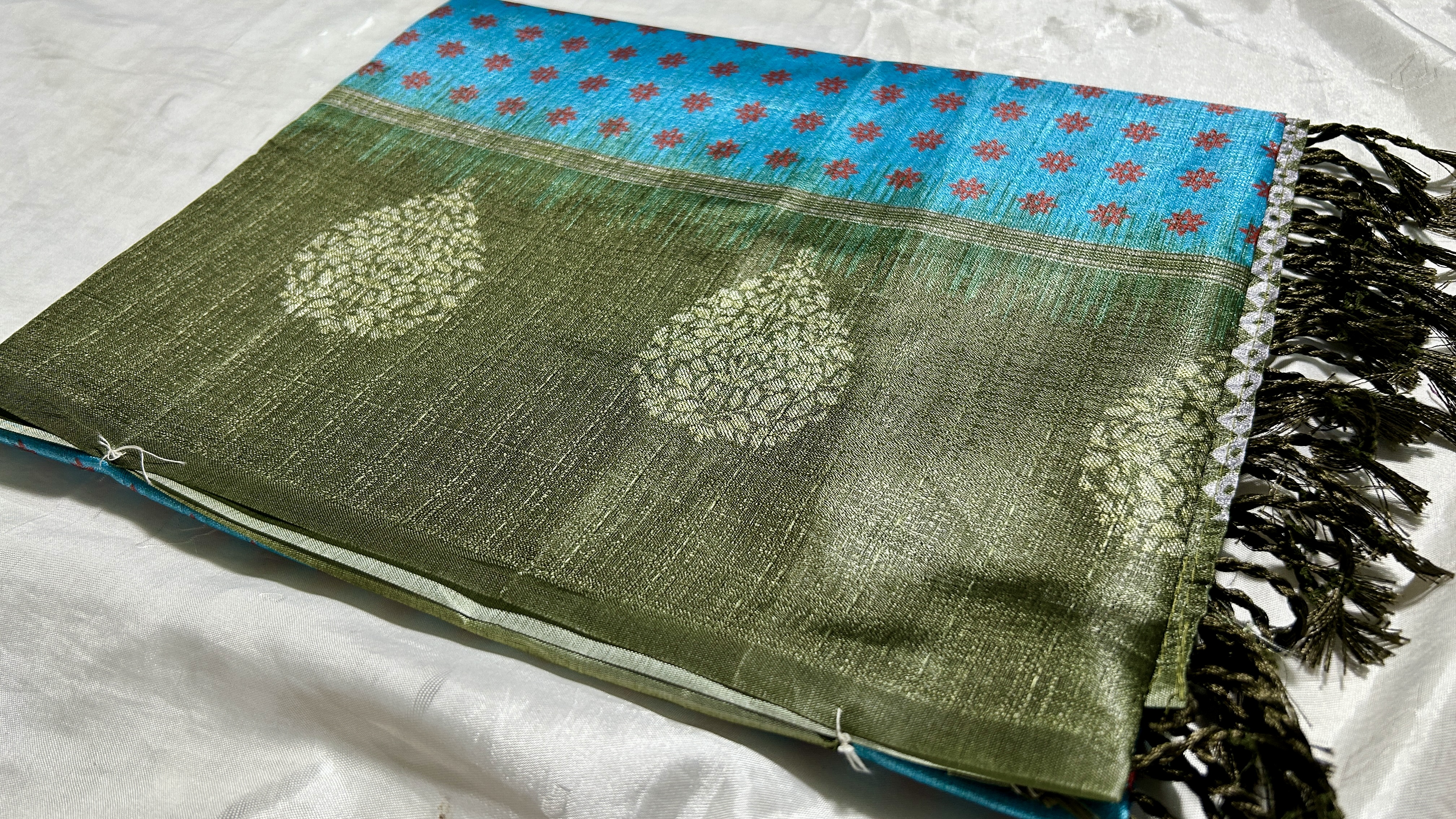 Pasmina Raw Digital Silk Saree - Sky Blue & Moss