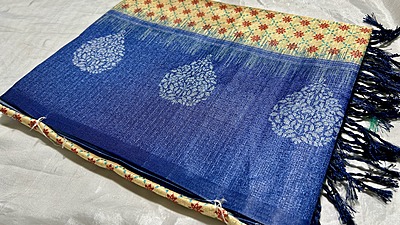 Pasmina Raw Digital Silk Saree - Cream & Ink Blue Pasmina Raw Digital Silk Saree - Cream & Ink Blue
