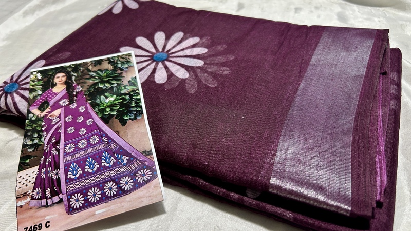 Ashiwad Linen Floral Saree - Dark Plum