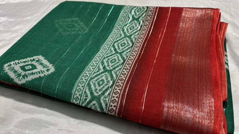 Monika Silver Linen Saree - Dark Green & Red Orange