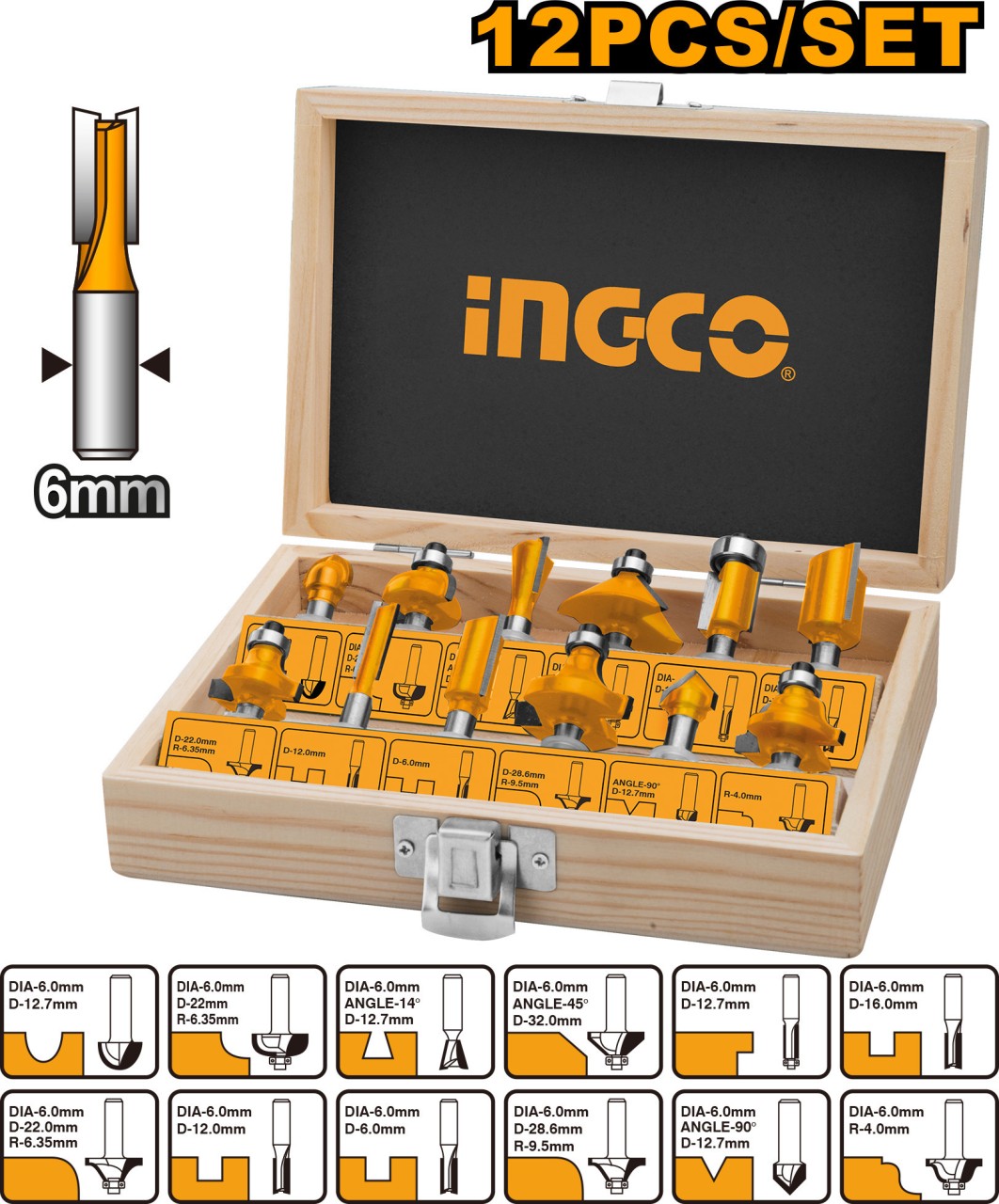 INGCO 12 Pcs Router Bits Set AKRT1201 (6mm) INGCO 12 Pcs Router Bits Set AKRT1201 (6mm)