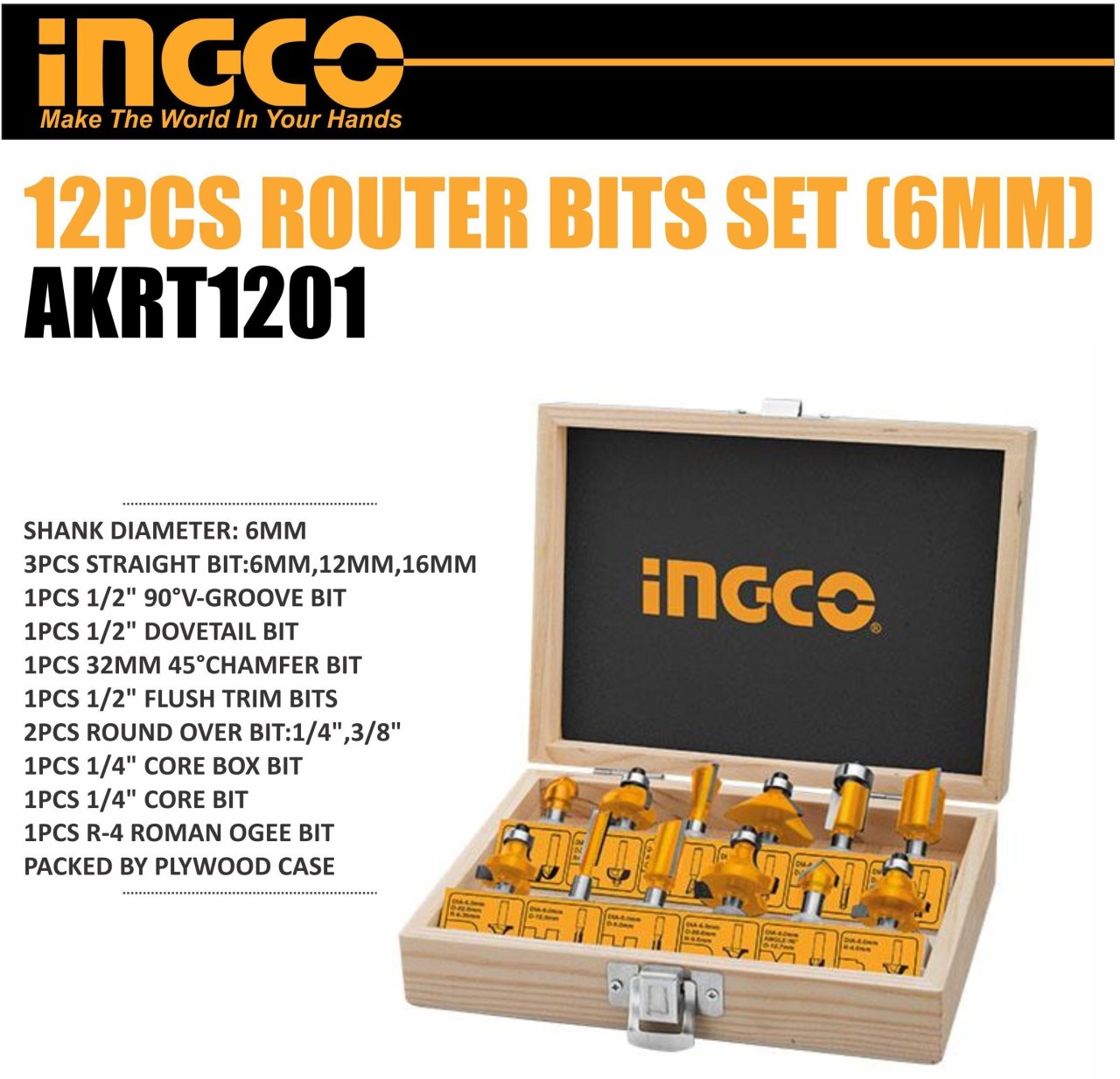 INGCO 12 Pcs Router Bits Set AKRT1201 (6mm) INGCO 12 Pcs Router Bits Set AKRT1201 (6mm)
