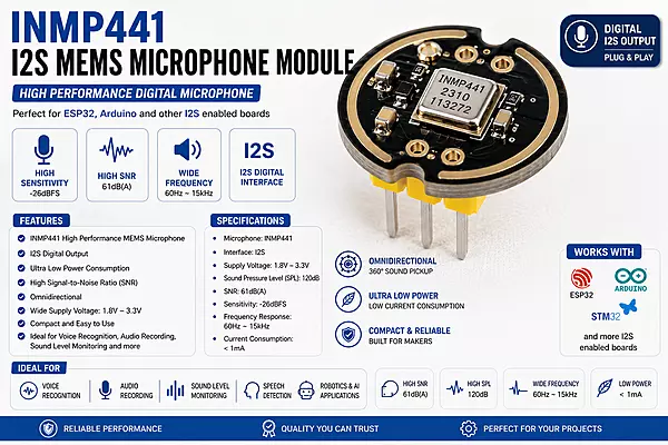 INMP441 I2S MEMS Microphone Module for ESP32 & Arduino