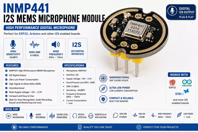 INMP441 I2S MEMS Microphone Module for ESP32 & Arduino