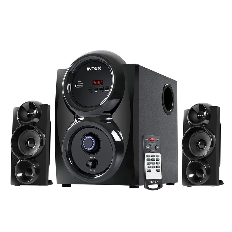 Intex 2.1 Shine FMUB Multimedia Speaker – 45W, Bluetooth/USB/AUX/FM, LED Display & IR Remote Control Intex 2.1 Shine FMUB Multimedia Speaker – 45W, Bluetooth/USB/AUX/FM, LED Display & IR Remote Control