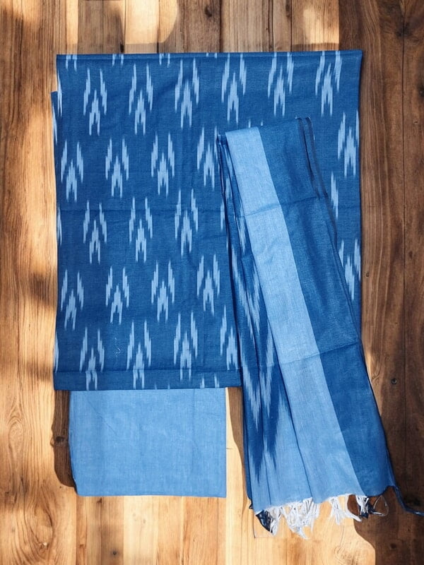 Blue Ikkat Cotton Unstitched Salwar Suit Dress Material with Dupatta