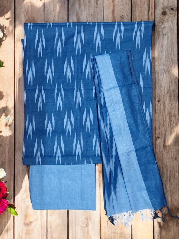 Blue Ikkat Cotton Unstitched Salwar Suit Dress Material with Dupatta