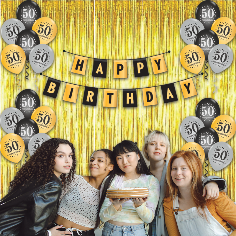 The Magic Balloon- Happy 50th Birthday Combo Kit with Printed Balloons, Curtain, and Banner Pack 17pcs Perfect combo for a Birthday Party for Men and Women.