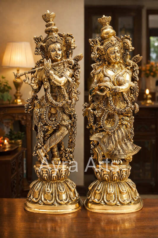Pair of Big Handmade Brass Radha Krishna Idol Statue for Home Decor - 25 Inch Height