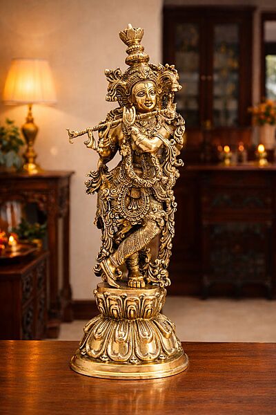 Handmade Brass Krishna Idol Statue for Home Decor - 25 Inch Height