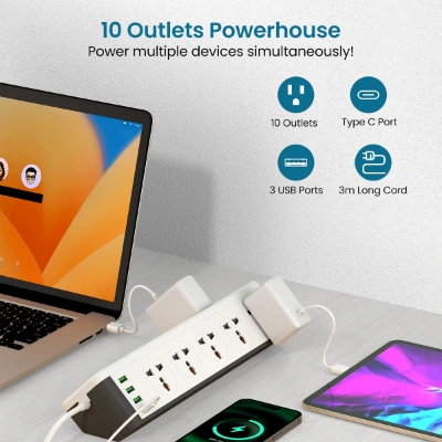 Portronics Power Plate 14 Extension Board with 10 Universal Sockets, 25W Type-C PD, 3 USB Charging Ports, 3 Meter Long Cord, 2500 Watts, 2.1 Amp USB Output, Multi Plug for Home Appliances (White)